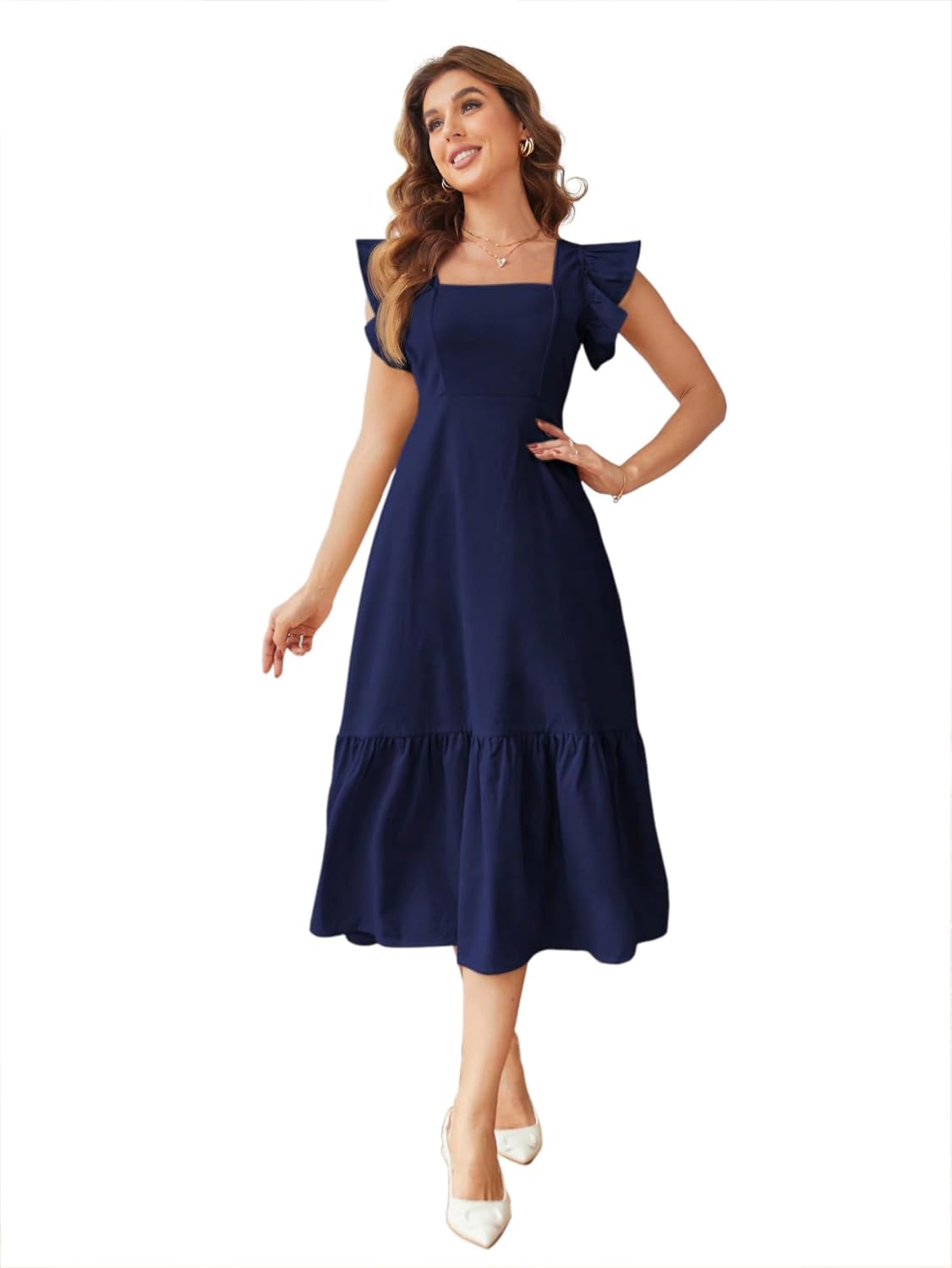 Shasmi Girl's & Women's Solid Color Square Neck, Ruffle-Trimmed Hem Sleeveless, Ruffle Armhole and Casual Dress with Cinched Waist Vacation Outfits Woman (Dress 162) - Image 7