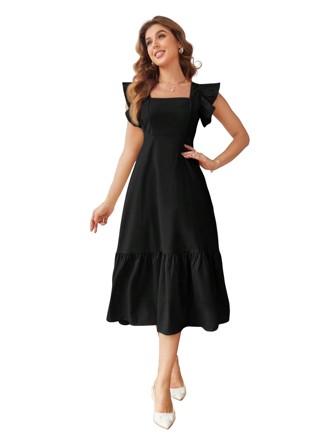 Shasmi Girl's & Women's Solid Color Square Neck, Ruffle-Trimmed Hem Sleeveless, Ruffle Armhole and Casual Dress with Cinched Waist Vacation Outfits Woman (Dress 162) - Image 6