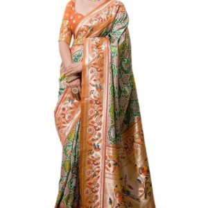 Women's Original Knchi Pattu Banarasi Paithani Patola Silk With Golg Jaari Weving Meena Designer Saree With Blouses Piecs