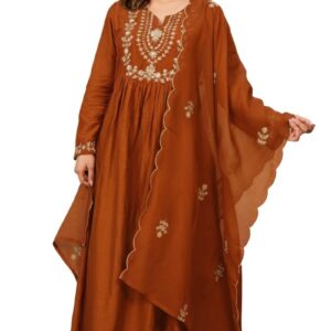Nermosa Women Embroidery Solid A-Line Kurta and Pant Set with Dupatta