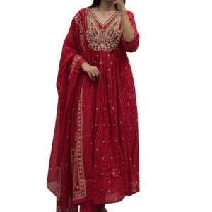 ANNI Designer Women's Rayon Viscose Printed Embroidered Anarkali Kurta with Pant & Dupatta | Ethnic Kurti Set with Embroidery | Soft Comfortable Fabric | Stylish Outfit for Festive, Office