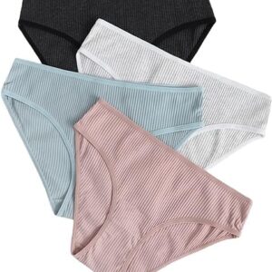 LOURYN KOULYN® Women's 2, OR 4 Piece Solid Panty Set Ribbed Knit Breathable Underwear Panties
