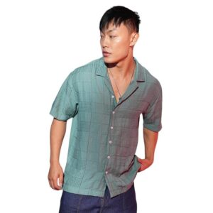 Campus Sutra Men's Polyester Oversized Fit Rope-Textured Oversized Shirt | Casual Wear | Cuban Collar | Short Sleeve | Button Closure | Oversized Shirt Crafted with Comfort Fit for Everyday Wear