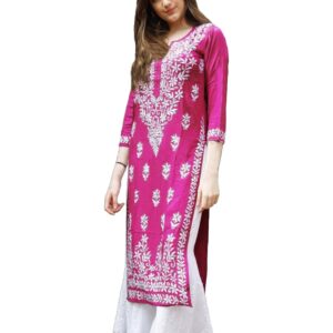 ANNI Designer Women's Cotton Blend Straight Fit Straight Chikankari Embroidered Kurta