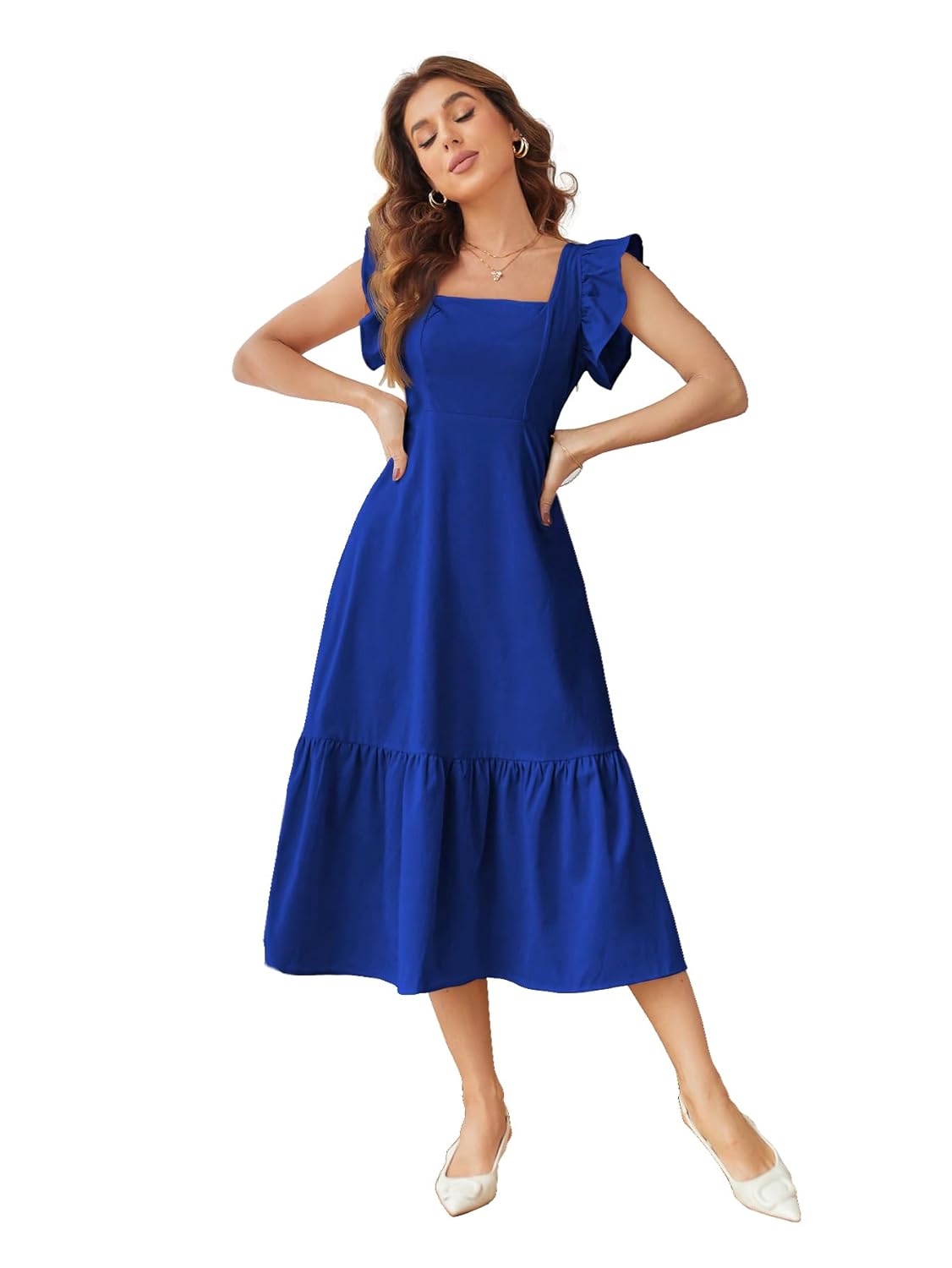 Shasmi Girl's & Women's Solid Color Square Neck, Ruffle-Trimmed Hem Sleeveless, Ruffle Armhole and Casual Dress with Cinched Waist Vacation Outfits Woman (Dress 162) - Image 5
