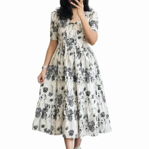 Women's Pink Bandhani Print Tiered Maxi Dress, Short Sleeve, Square Neck, Cotton