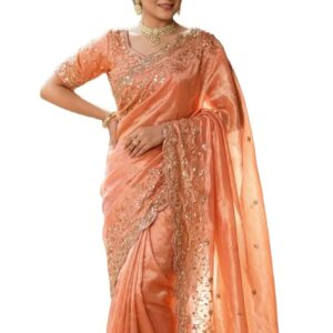 Designer Space Silk Saree With Golden Beads Work And Cutwork Border With Heavy Embroidered Blouse For Women