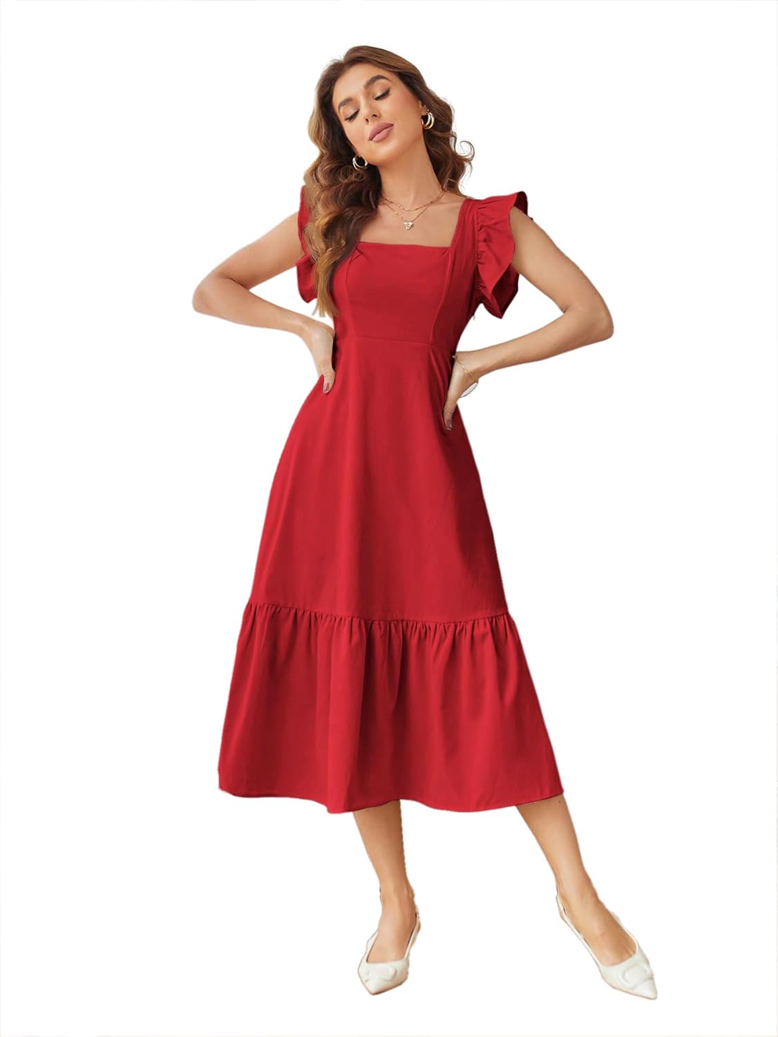 Shasmi Girl's & Women's Solid Color Square Neck, Ruffle-Trimmed Hem Sleeveless, Ruffle Armhole and Casual Dress with Cinched Waist Vacation Outfits Woman (Dress 162)