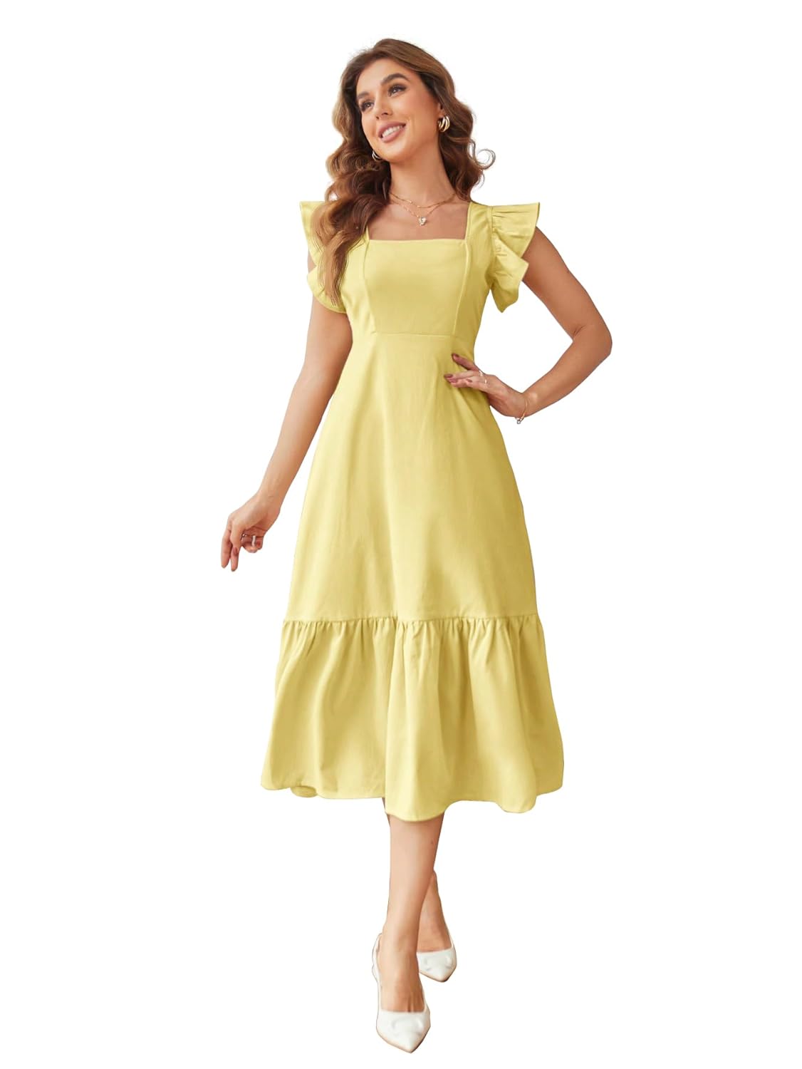 Shasmi Girl's & Women's Solid Color Square Neck, Ruffle-Trimmed Hem Sleeveless, Ruffle Armhole and Casual Dress with Cinched Waist Vacation Outfits Woman (Dress 162) - Image 4