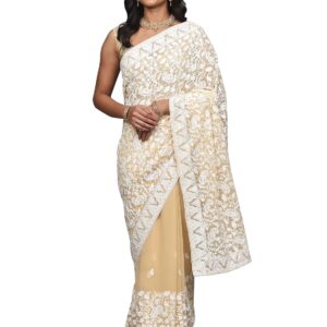 Exotic India Women's Kashmiri Georgette Saree with Aari Embroidered Flowers and Paisleys Jaal Design Saree with Blouse Piece