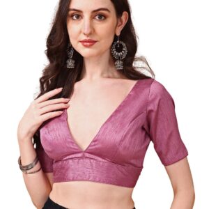 Womanista Women's Dupion Silk Half Sleeve Solid V Neck Readymade Saree Blouse Stylish