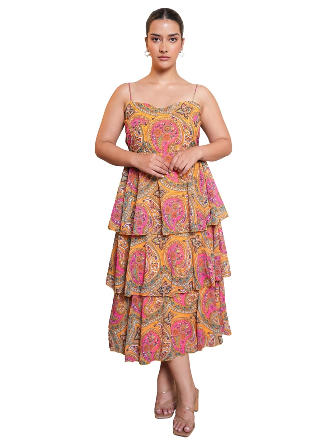 PURVAJA Women's Layered Below Knee Length Dress (Floe-022-024)
