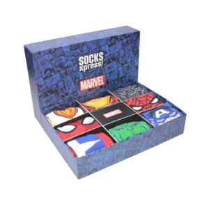 SocksXpress Marvel Men's Crew Socks Gift Box|Pack of 8 Pairs |Calf-Length|100% Officially Licensed Avengers Superhero Combo|Combed Cotton Comfort, Durable Fit|Bold Fan-Favourite Character Designs