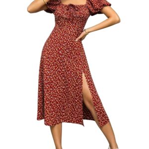 Aahwan Floral Printed Puff Sleeve High Slit Maxi Outfit Dress for Women's & Girl's