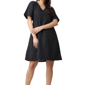 POPWINGS Casual Printed V-Neck Short Sleeves Knee-Length Fit and Flare Dress for Women || Frokc-Style Summer Wear Dresses for Women || Loose-Fit Comfortable Women Dress for Regular Wear