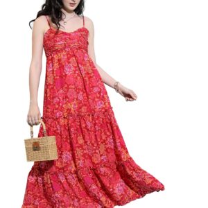 Tokyo Talkies Womens Shoulder Straps Floral Printed Maxi Dress | Tiered & Ruched | Perfect for Vacations, Brunches & Summer Outings | Dress for Women | Women Dress | Stylish Women Dress
