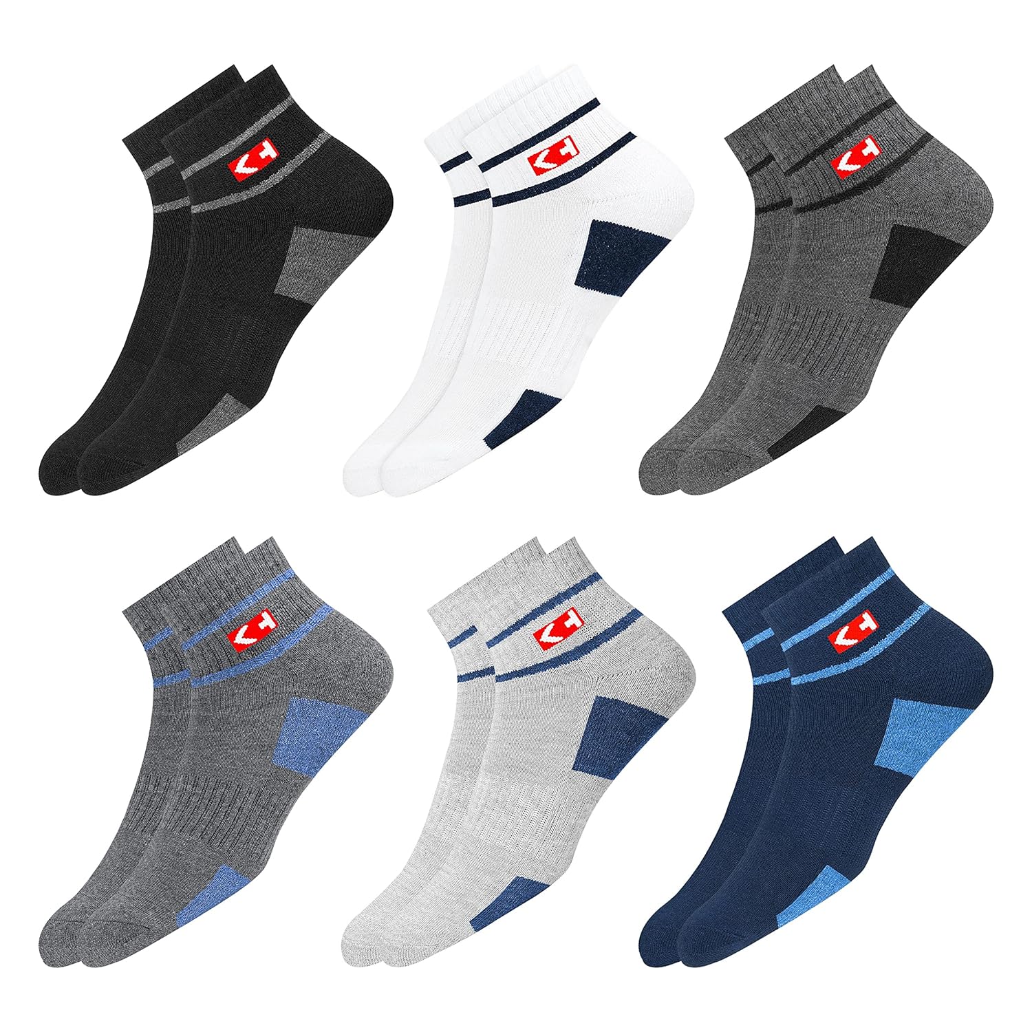 Sports Socks Men with Cushion, Stripe Design, Quarter Length, Pack of 6 (Free Size) - Image 3