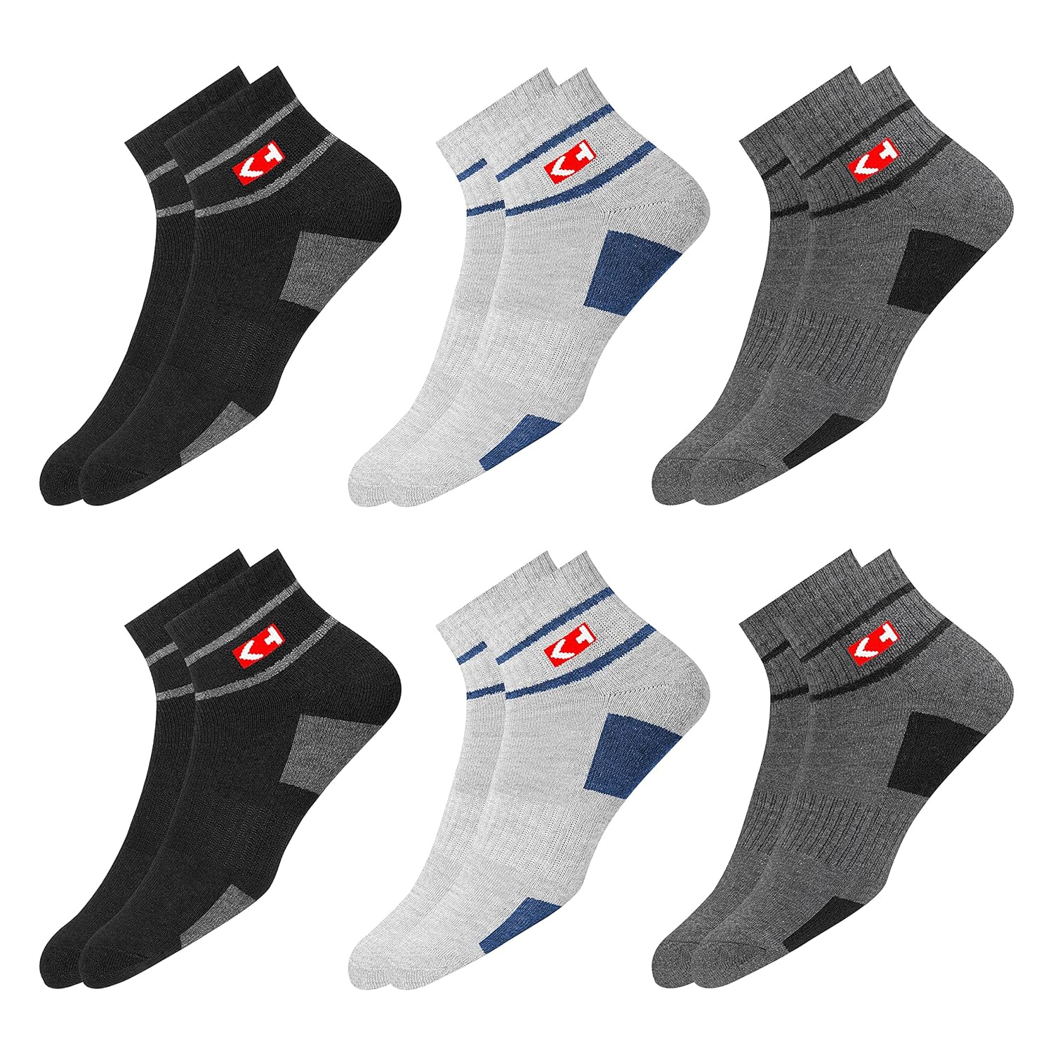 Sports Socks Men with Cushion, Stripe Design, Quarter Length, Pack of 6 (Free Size) - Image 2